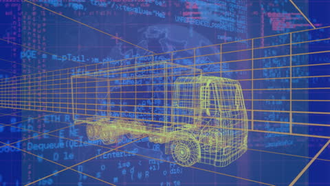 Futuristic Truck Design with Data Overlay on Digital Background