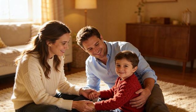 Sunlit family bonding: parents holding hands with young son on warm plush living room rug