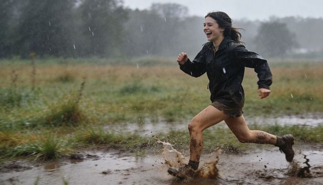 Young woman sprinting through muddy puddle in rain-soaked meadow, carefree outdoor joy
