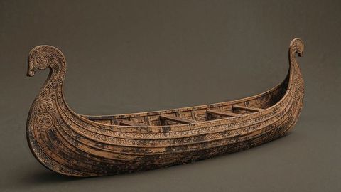Intricately carved wooden longship model with artistic motifs