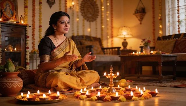 Indian woman lighting diyas for diwali in living room with marigold garlands