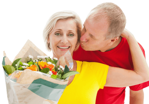 Mature Couple Expressing Love with Flowers and Happiness