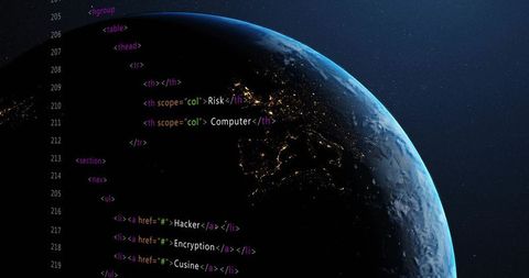 Earth night side showing glowing city lights overlaying html code and neon cyber concept