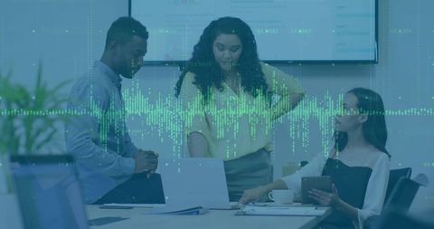 Business Team Collaborating on Data Analysis with Digital Waveform Overlay