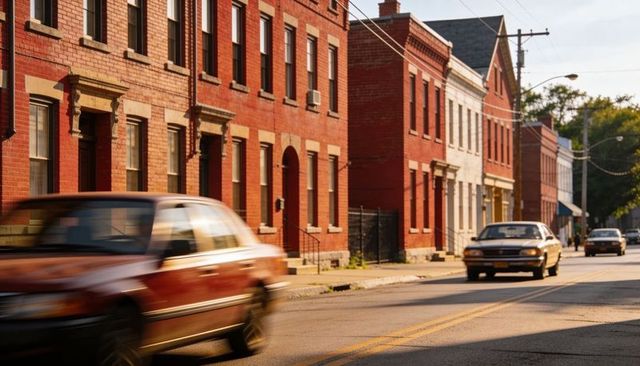 Golden hour urban rowhouses along red brick street with motion-blurred cars and stoops