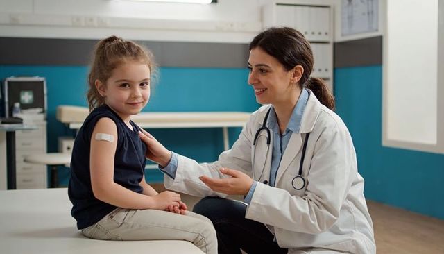 Female pediatrician comforting smiling child after vaccination in clean modern clinic room