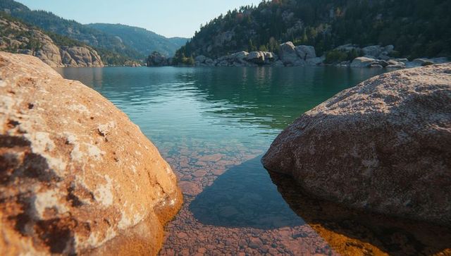 Tranquil mountain lake with granite boulders and clear water
