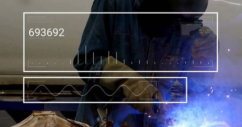 Welder repairing auto panel with blue arc and digital hud overlay, precision fabrication
