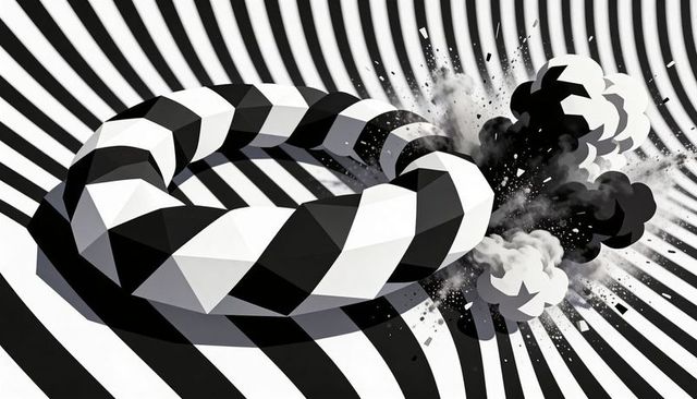 Faceted torus rupturing on optical striped plane, emitting smoke and geometric shards