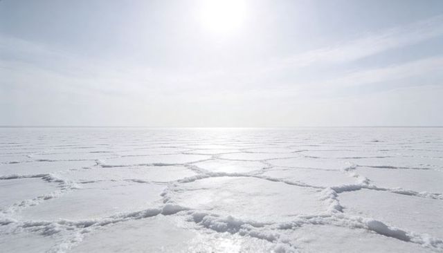 Stretching salt flat with polygonal salt crust reflecting sun over vast desolate horizon
