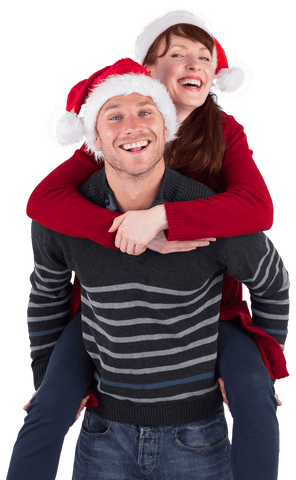 Joyful Couple in Festive Christmas Hats Embracing Transparent Background
