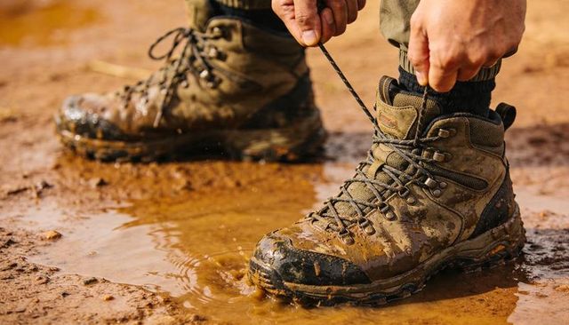 Tightening muddy hiking boots in puddle close-up rugged outdoor footwear action