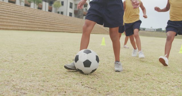 Children are playing soccer, focusing on their legs and a soccer ball on a schoolyard lawn. Ideal for advertising kids' sports programs, promoting active lifestyles, and educational materials emphasizing teamwork and physical activity.