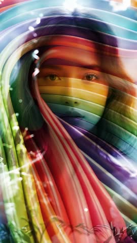 Vertical Video Showing Swooping Rainbow Ribbons Revealing Woman's Face in Surreal Motion