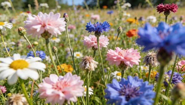 Sunlit wildflowers blooming in meadow with vibrant blue cornflowers pink blooms and daisies