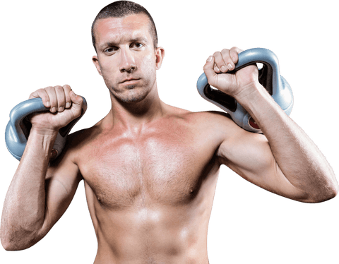 Confident Shirtless Athlete Holding Kettlebells on Shoulders Transparent - Download Free Stock Videos Pikwizard.com