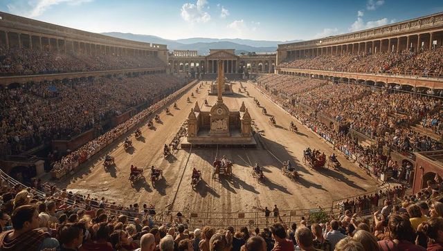 Epic roman chariot race in massive ancient arena with spina obelisk and packed stands
