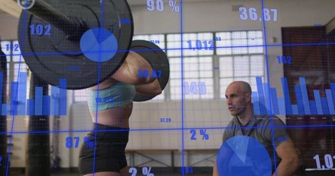 Female athlete lifting heavy barbell with coach monitoring performance data overlays