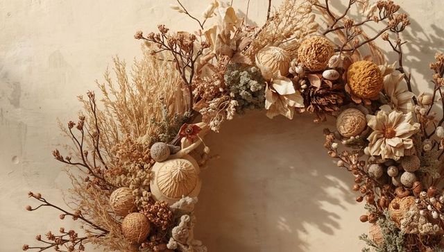 Neutral Dried Floral Wreath Featuring Straw Spheres, Daisies, Pine Cones and Textured Vines