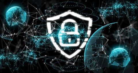 Glitching Neon Shield Lock Over Digital Network Mesh Illustrating Cybersecurity Protection