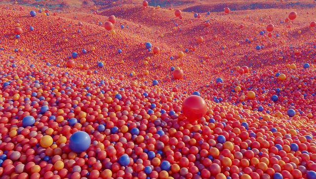 Surreal sea of glossy multicolor spheres forming rolling hills of red blue yellow