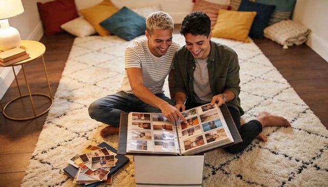 Flipping vintage print album, male partners sharing memories on cozy living room rug