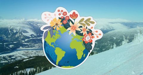 Earth with Flowers Surrounded by Snowy Peaks for Climate Awareness