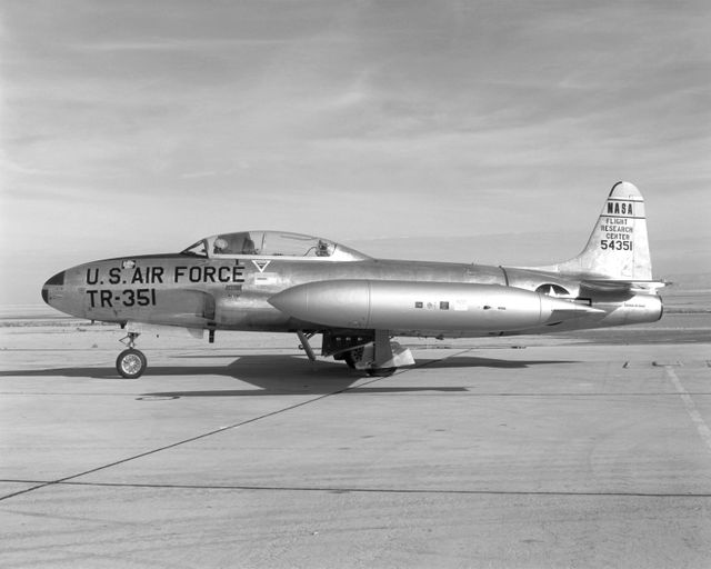 Arrived at NASA FRC January 9, 1963 Departed September 10, 1973 to Redding, California This aircraft, one of four T-33A jet trainers which NASA Dryden used from 1958 to 1973, was used in a monocular vision landing study. The T-33 was the first U.S. Air Force jet trainer, and was originally developed as a two-seat version of the F-80. The T-33 was used by not only the U.S. military, but also by foreign air forces as a trainer, fighter, and reconnaissance aircraft.