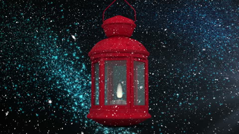 Festive Red Lantern with Snowfall on Black Background