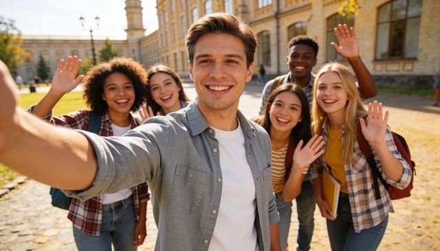Smiling diverse college students taking campus selfie waving with backpacks on autumn day
