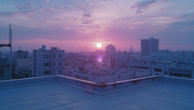 Vibrant Urban Sunrise Over Rooftop Cityscape With Pastel Hues