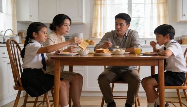 Family sharing breakfast around wooden table passing toast, school children eating cereal