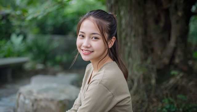 Smiling young asian woman sitting on stone bench in lush park