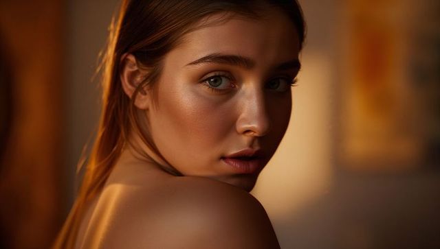 Cinematic warm-lit beauty portrait of young woman turning head and looking over shoulder
