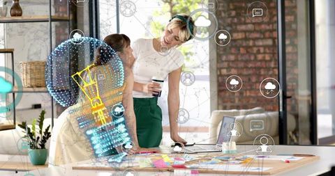 Creative ar brainstorming with lightbulb hologram and cloud icons in modern office