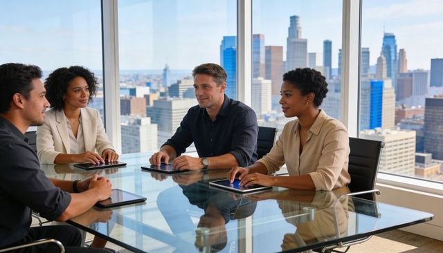 Diverse executive team collaborating around glass table using tablets in high-rise office