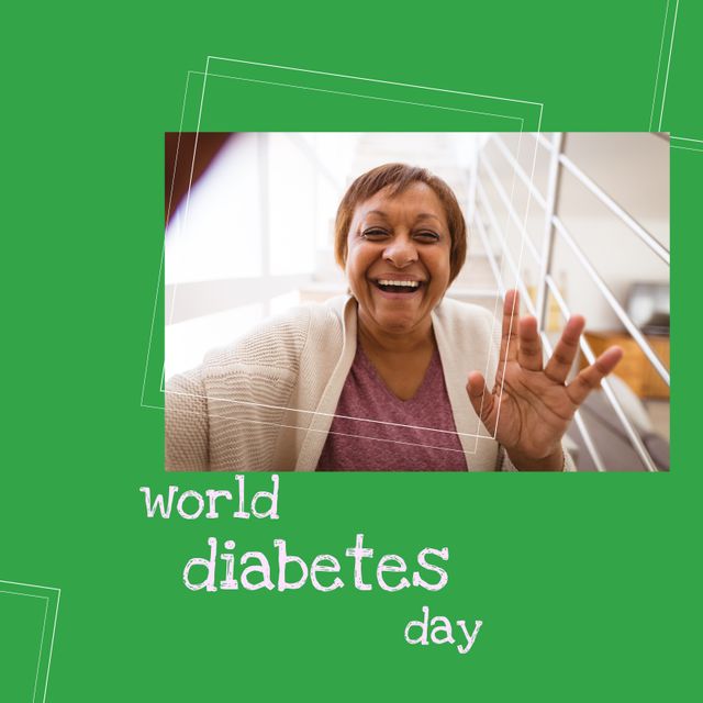Composite of world diabetes day text and squares with portrait of happy biracial mature woman. Copy space, short hair, home, sugar, disease, healthcare, campaign, awareness and prevention concept.