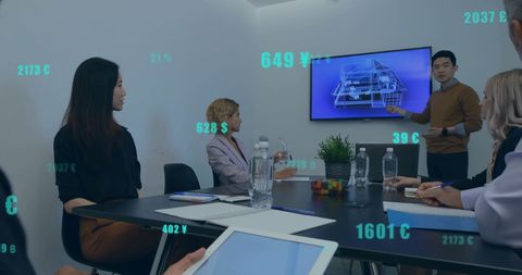 Global Team Analyzing Financial Data in Modern Conference Room