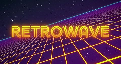 Neon retrowave with glowing grid and starry universe