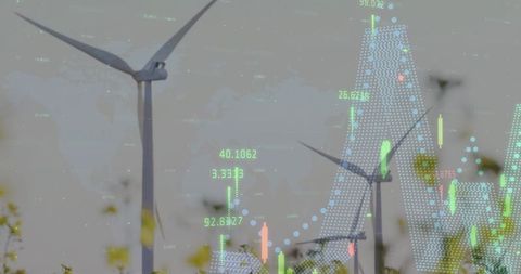 Wind turbines with financial data overlay symbolizing renewable energy investment