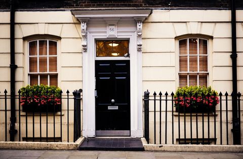 Elegant Restoration Door With Iron Gate and Colorful Flowers