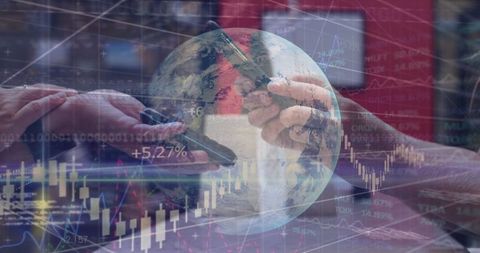 Professionals Collaborating on Global Stock Trends Overlaid with Tech Hub