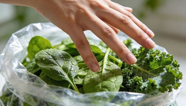 Hand touching fresh spinach and curly kale in bag with water droplets closeup kitchen