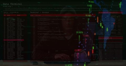 Cyberpunk Data Terminal Monitoring Male Typing on Laptop at Dim Desk Analytics Dashboard