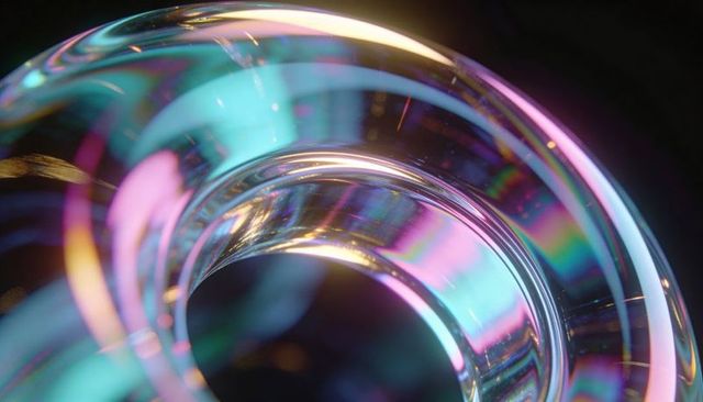 Iridescent glass torus reflecting neon spectral bands and glossy highlights