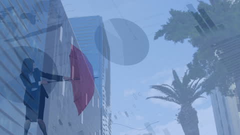 Businesswoman Shielding Financial Data Cityscape