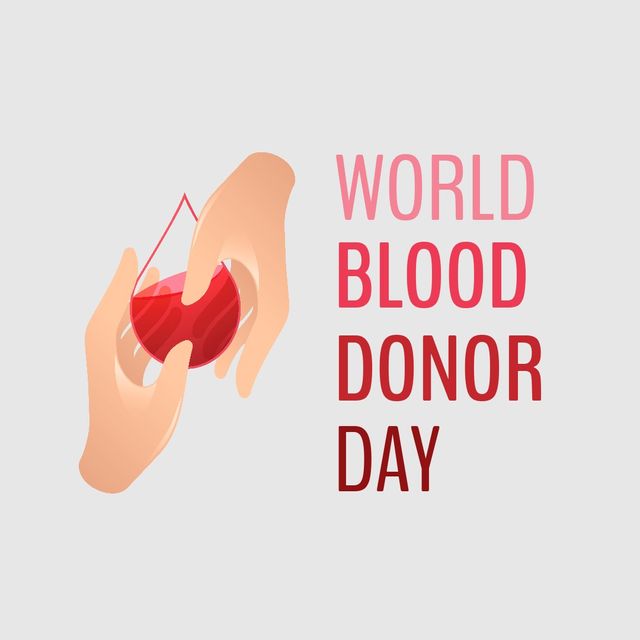 Digital composite of world blood donor day text by hands holding blood drop on white background. vector, healthcare and awareness campaign concept.