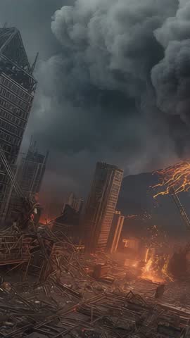 Vertical video presenting post-apocalyptic city burning with molten flows and smoldering ruins