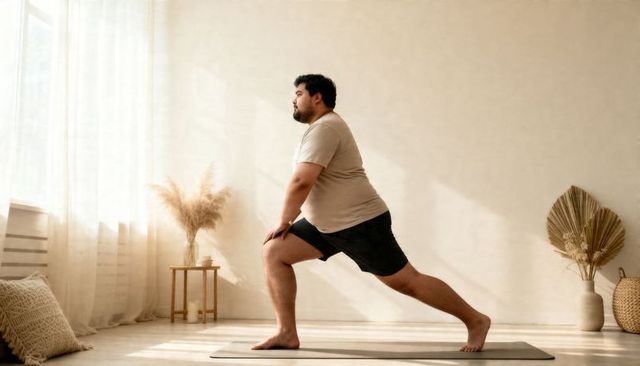 Man practicing yoga lunge in sunlit minimalist living room for home wellness routine