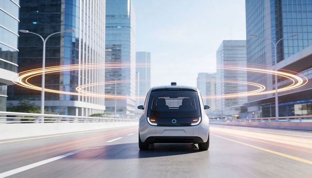 Gliding compact driverless car emitting light rings on urban highway with rooftop sensor